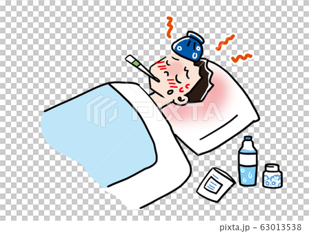 発熱し寝込む一人暮らしの男性が体温計をくわえているのイラスト素材
