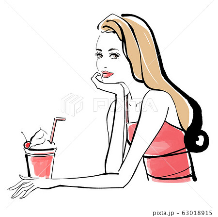 カフェで頬杖をつく女性 赤いドレスのイラスト素材