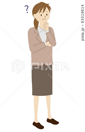 女性教師の立ち姿のイラスト 考え中 のイラスト素材