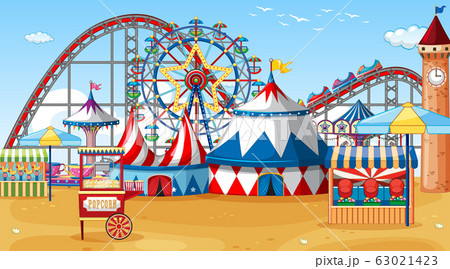 Scene with circus rides on the beach at day time Scene with circus rides on the beach at day time 63021423