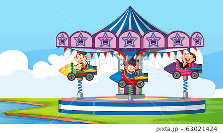 Scene with cute monkeys riding on rocket ride in 63021424