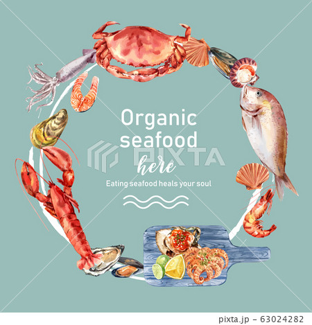 Seafood wreath design with squid, octopus, fish 63024282
