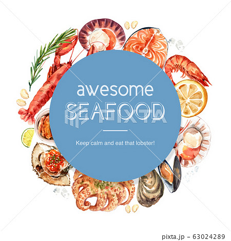 Seafood wreath design with crab, fish, oyster, 63024289