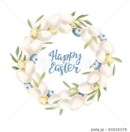 Watercolor hand painted Easter egg wreath - white and colored eggs 63026379