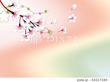 桜の花に玉飾りと桜型のオブジェのイラストアート上部レイアウト横スタイル背景素材 63027389