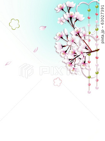 桜の花と玉すだれに桜型のオブジェのイラスト横スタイル背景素材	 63027391