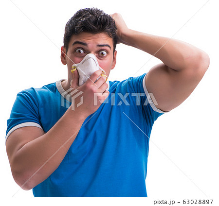 Man sweating excessively smelling bad isolated on white backgrou 63028897