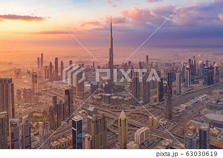 Aerial view of Burj Khalifa in Dubai Downtown 63030619