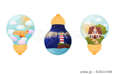 Landscapes and Scenes Inside Glass Bulb Vector Set Landscapes and Scenes Inside Glass Bulb Vector Set 63031499