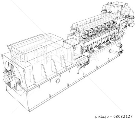 High voltage industrial standby dieasel generator at a power generation. The layers of visible and invisible lines are separated. EPS10 format. Wire-frame 63032127