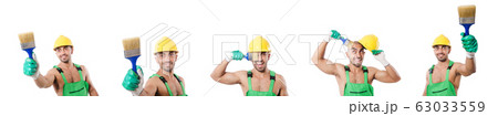 Painter in green coveralls on white Painter in green coveralls on white 63033559
