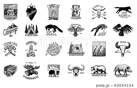 Set of camping labels or badges. Hiking or hunting emblems and outdoor adventure elements collection Set of camping labels or badges. Hiking or hunting emblems and outdoor adventure elements collection 63034134