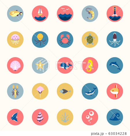 Marine icons set. Sea and ocean emblems. Flat cartoon web buttons for apps and games or arcades 63034228