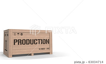 Wooden crate with PRODUCTION text on white background. 3D rendering 63034714