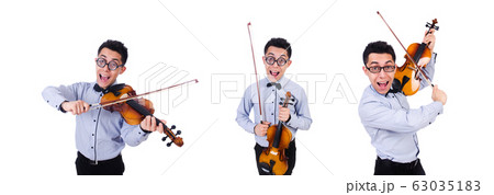 Funny man with violin on white Funny man with violin on white 63035183