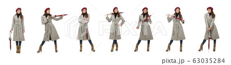 Woman with umbrella isolated on white Woman with umbrella isolated on white 63035284