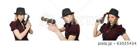 Young woman gangster with gun on white Young woman gangster with gun on white 63035434