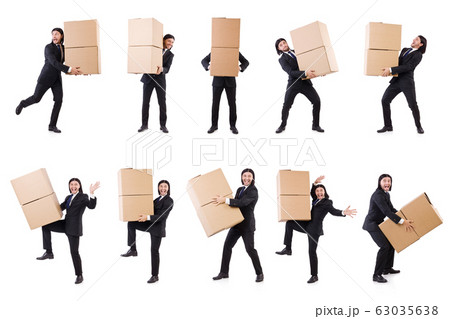 Funny man with boxes on white 63035638