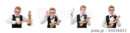 Funny violin player isolated on white Funny violin player isolated on white 63036852