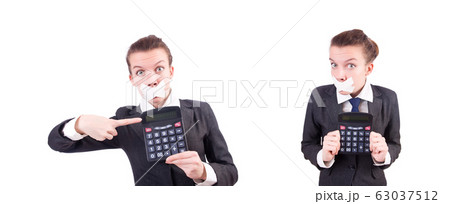 Woman with calculator in fraud concept isolated on white 63037512