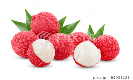 Lychee with leaves isolated on white background Lychee with leaves isolated on white background 63038221