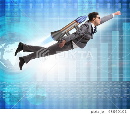 Businessman flying with rocket in funny business concept Businessman flying with rocket in funny business concept 63040101