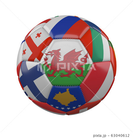 Wales flag on soccer ball with flags of Euro on a white background, 3D render 63040612