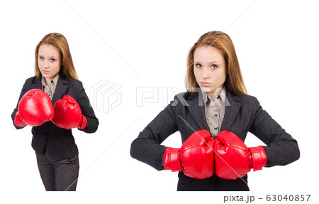 Woman businesswoman with boxing gloves on white 63040857