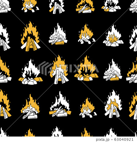 Modern vector seamless pattern with burning fire on a black background. Isolated bonfire illustrations. Endless texture in golden black and white colors. 63040921