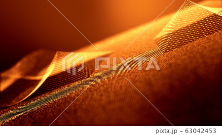 abstract gold background of glow particles form lines, surfaces as futuristic structures in cyberspace or hologram. Sci-fi theme of microworld, nanotechnology or cosmic space. Depth of field bokeh 5 63042453