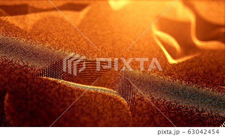 abstract gold background of glow particles form lines, surfaces as futuristic structures in cyberspace or hologram. Sci-fi theme of microworld, nanotechnology or cosmic space. Depth of field bokeh 4 63042454