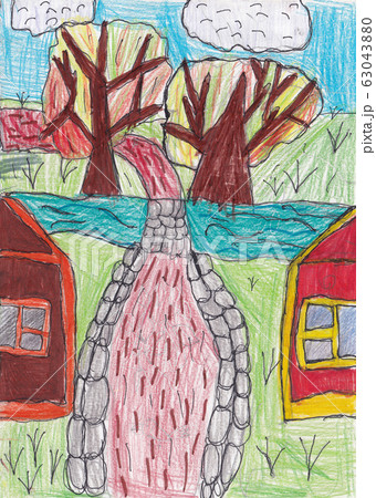 Child's drawing with colored pencils of rural Child's drawing with colored pencils of rural 63043880