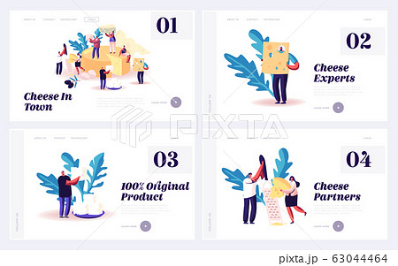 Cheese Degustation Process Website Landing Page Set. Characters Eating Cheese with Fresh Creamy Flavour 63044464