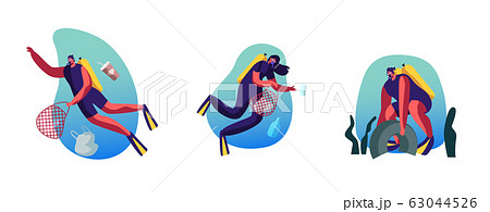 Ecology Protection Icons Set. Divers Collecting Trash into Basket Underwater. Plastic Pollution of Sea 63044526