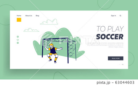 Child Football Player Engage Sport Website Landing Page. Goalkeeper Prepare to Catch Ball at Football Competition Child Football Player Engage Sport Website Landing Page. Goalkeeper Prepare to Catch Ball at Football Competition 63044603