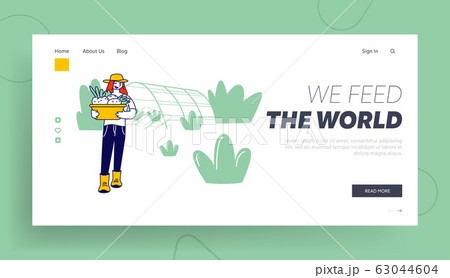 Farm Natural Product, Organic Food Gardening, Farmland Website Landing Page. Girl Farmer or Gardener with Basket Farm Natural Product, Organic Food Gardening, Farmland Website Landing Page. Girl Farmer or Gardener with Basket 63044604