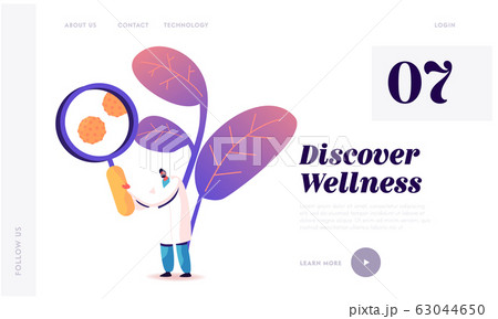 Clinic Medicine Profession Website Landing Page. Doctor with Huge Magnifying Glass Looking on Hepatitis Cells 63044650