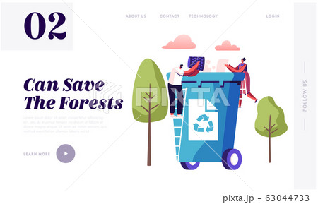 Waste Recycling Website Landing Page. Tiny People Throw Paper Garbage into Huge Litter Bin with Recycle Sign Waste Recycling Website Landing Page. Tiny People Throw Paper Garbage into Huge Litter Bin with Recycle Sign 63044733
