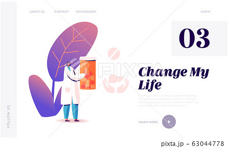 Hepatitis Treatment Website Landing Page. Doctor in Medical Robe Holding Pills Bottle, Medicine for Liver, Healthcare 63044778