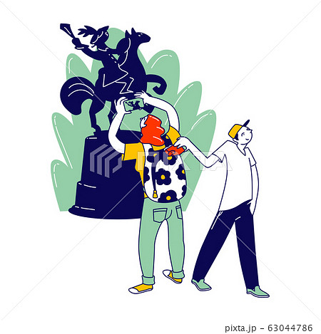 Pickpocket Steal Wallet from Backpack of Girl Tourist Making Picture of Monument in Museum. Criminal Thief 63044786