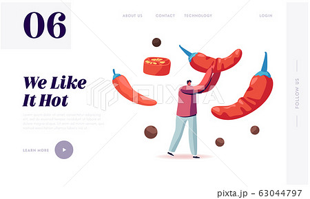 Hot Ingredient for Cook Spicy Seasoning Meal Website Landing Page. Man Holding Huge Red Chili Pepper Hot Ingredient for Cook Spicy Seasoning Meal Website Landing Page. Man Holding Huge Red Chili Pepper 63044797