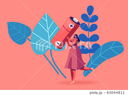 Sorting E-Waste, Garbage Segregation Concept. Woman Carry Huge Battery for Recycling Electric Rubbish, Environment 63044811