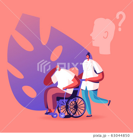 Medical Nurse Pushing Wheelchair with Senior Man Having Memory Problems, Dementia or Alzheimer Disease 63044850