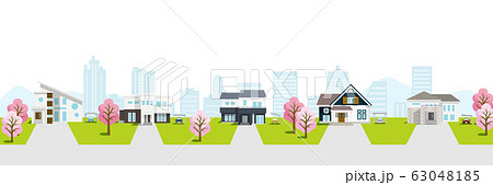 住宅街 街並み 桜の木 ビル街背景のイラスト素材