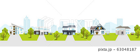 住宅街 街並み 緑の庭木 ビル街背景のイラスト素材