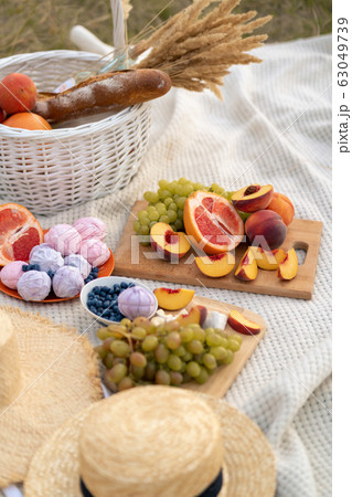 Stylish summer picnic on a white blanket. Stylish summer picnic on a white blanket. 63049739