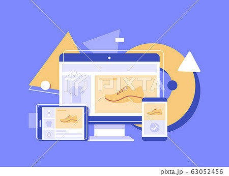 Online shop. Digital Marketing, store, E-commerce shopping concept. Striped awning,flat design icon vector illustration 63052456