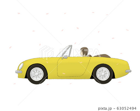 オープンカー 黄色 女性 サクラのイラスト素材
