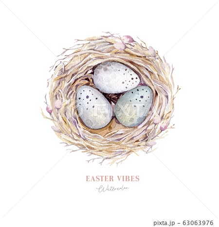 Watercolor happt easter nest with bird eggs with branch and feather isolated on white. Spring hand drawn illustration. Boho egg ans feather nests wreath. Holiday decoration Watercolor happt easter nest with bird eggs with branch and feather isolated on white. Spring hand drawn illustration. Boho egg ans feather nests wreath. Holiday decoration 63063976