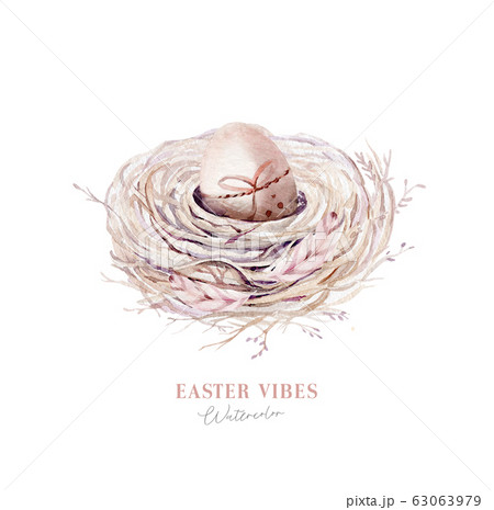 Watercolor happt easter nest with bird eggs with branch and feather isolated on white. Spring hand drawn illustration. Boho egg ans feather nests wreath. Holiday decoration Watercolor happt easter nest with bird eggs with branch and feather isolated on white. Spring hand drawn illustration. Boho egg ans feather nests wreath. Holiday decoration 63063979